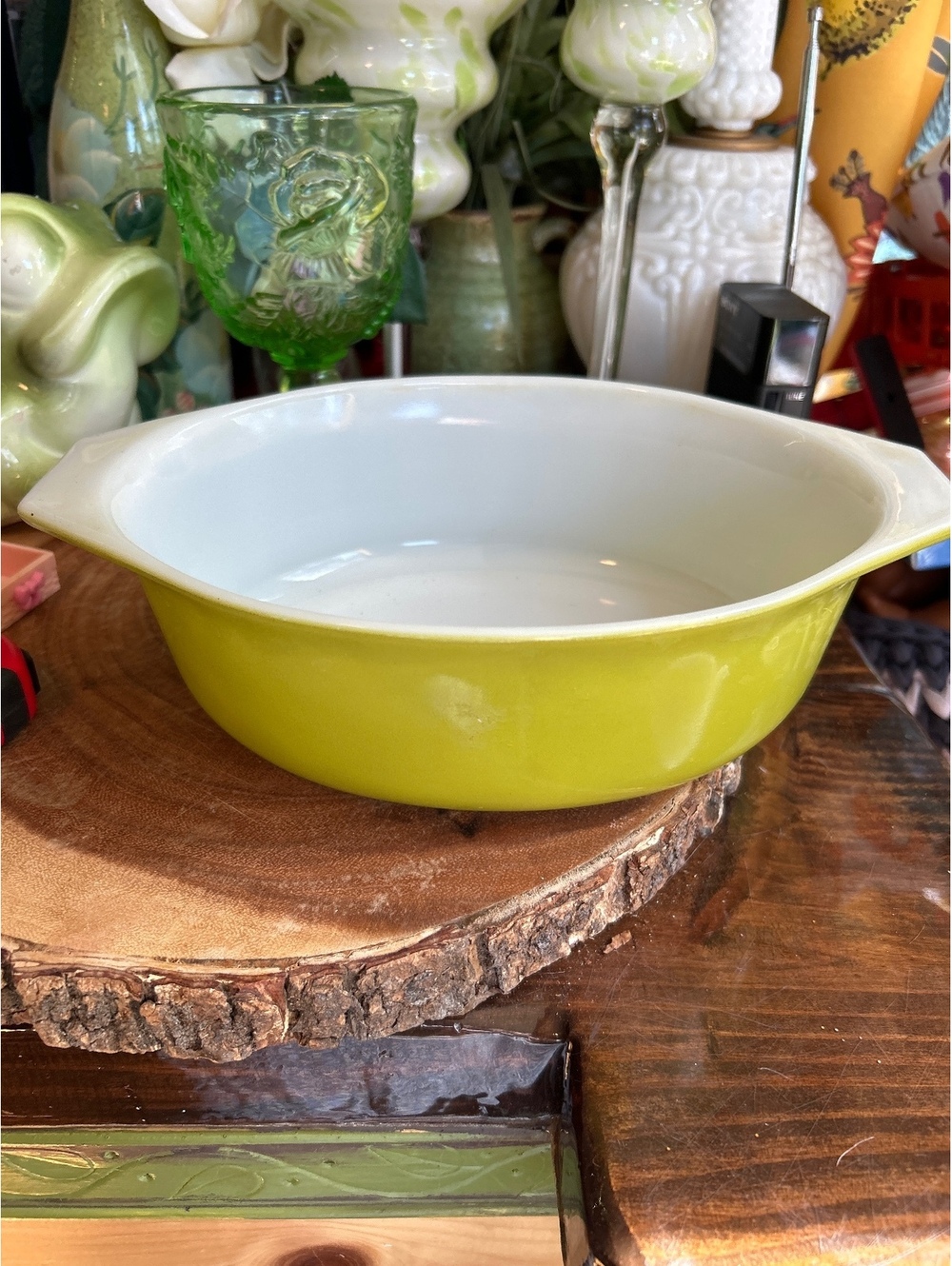 Vintage Pyrex green and White Glass Baking Dish